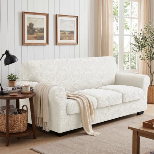 Stretch Sofa Cover Set for 3 Cushion Couch - Off-White 71-91 Inches - 4 Pieces