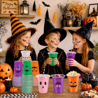 Multicolor 16oz Halloween Plastic Cups with Lids & Straws - Pack of 50