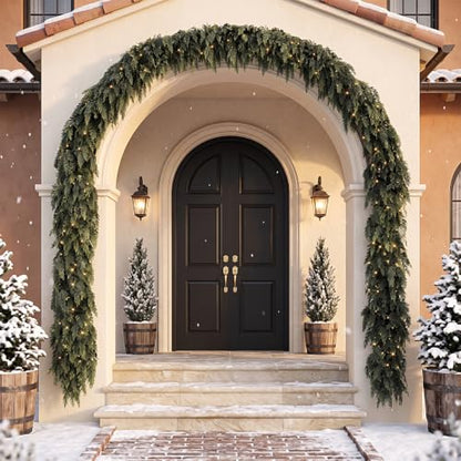 Green Cedar Garland with Lights - 9FT Real Touch Faux Evergreen, 2 Pack