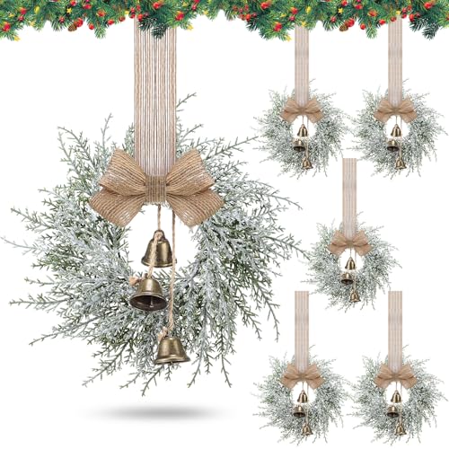 Mini Christmas Wreaths with Bells and Ribbons, 6 Pack - 10 Inch Holiday Decor