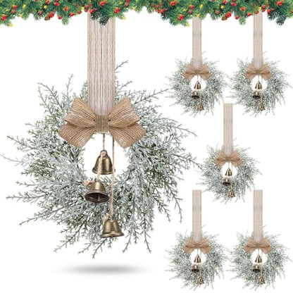 Mini Christmas Wreaths with Bells and Ribbons, 6 Pack - 10 Inch Holiday Decor