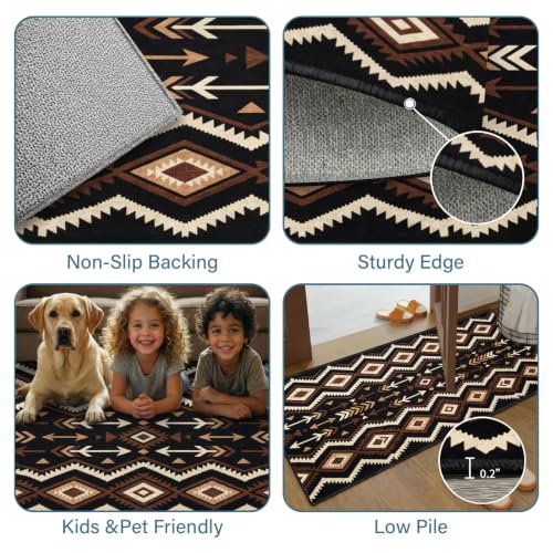Boho Aztec Runner Rug 4x10 ft Southwestern Tribal Geometric Floor Mat - Black & Earth Tones