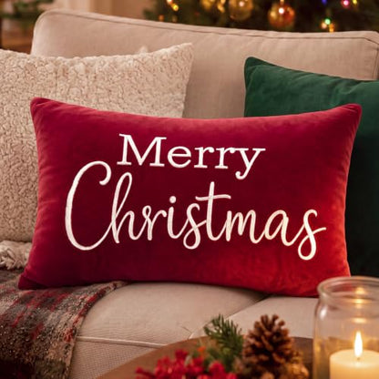 Christmas Velvet Throw Pillow Cover 12x20 Inch - Merry Christmas Burgundy Red