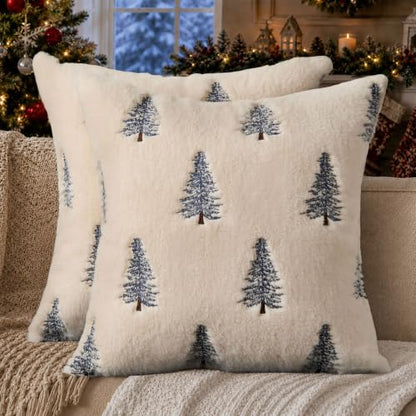 Christmas Pillow Covers 20x20 Set of 2 Blue Xmas Tree Decor Beige - Handmade