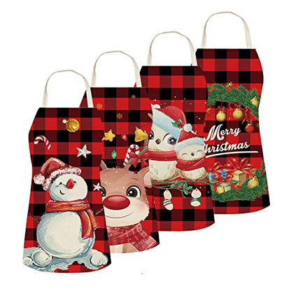 Christmas 4pcs Kitchen Aprons Set - Red Plaid Adjustable Cooking & Baking