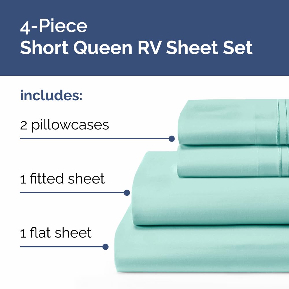 Short Queen Size 4 Piece Sheet Set - RV Short Queen, Soft, Breathable & Cooling Bed Sheets Set w/ Deep Pockets - Hotel Luxury Bedding for Women, Men, Kids, Teens, Boys & Girls - Oeko-Tex - Spa Blue