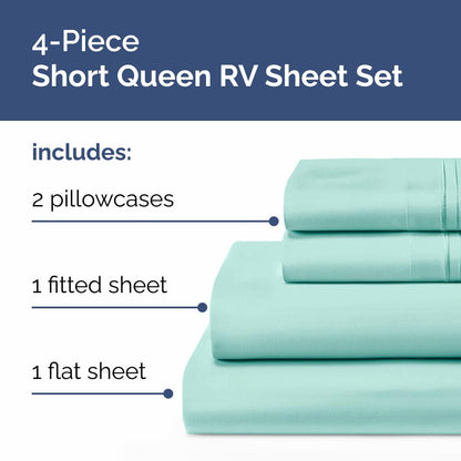 Short Queen Size 4 Piece Sheet Set - RV Short Queen, Soft, Breathable & Cooling Bed Sheets Set w/ Deep Pockets - Hotel Luxury Bedding for Women, Men, Kids, Teens, Boys & Girls - Oeko-Tex - Spa Blue