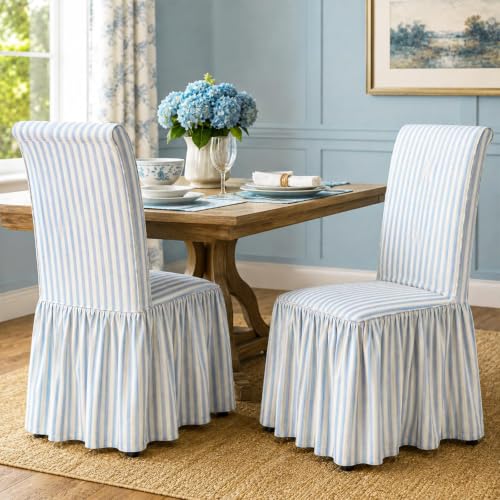 Set of 4 Blue Stripe Ruffled Dining Chair Covers - Cottage Style