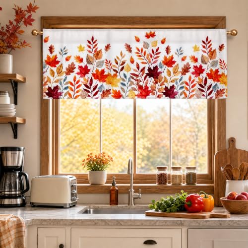 Autumn Kitchen Curtains Set with Maple Leaf Valance and Cafe Panels - Fall Decor
