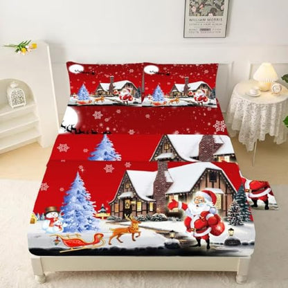 Merry Christmas Fitted Sheet Set Santa Deer Tree Snowman Queen Red & White