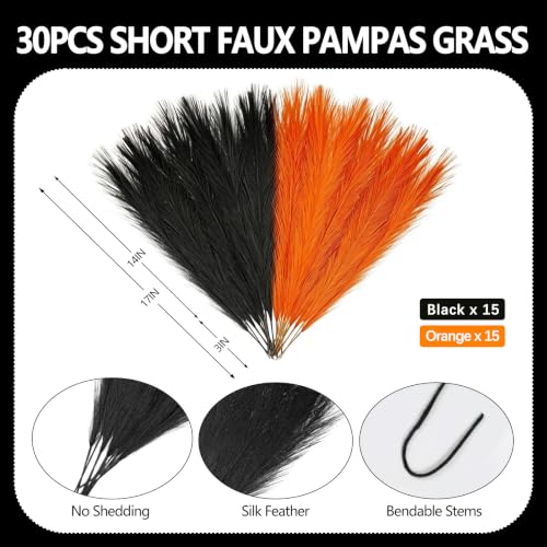Black Orange Faux Pampas Grass Set - 17 Inch Halloween & Fall Decor, 30 Pieces