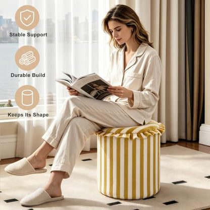 GLAXYFUR Round Striped Storage Ottoman Foot Rest Stool - Yellow