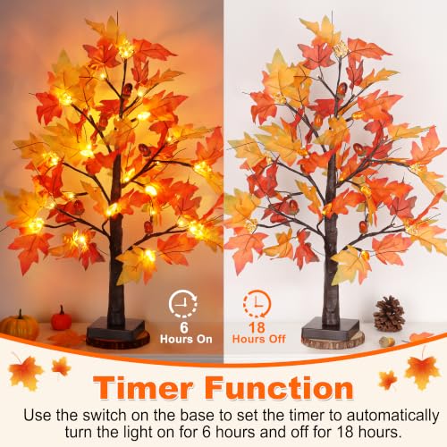 Set A 2-Pack 24-Inch Lighted Fall Maple Trees for Thanksgiving Decor
