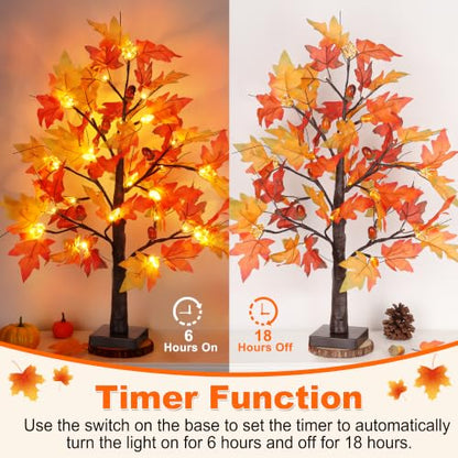Set A 2-Pack 24-Inch Lighted Fall Maple Trees for Thanksgiving Decor