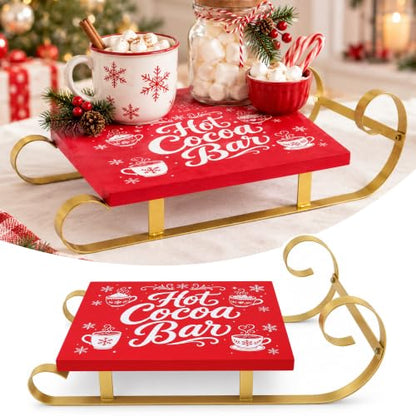 Christmas Hot Cocoa Wood Tray Holder - Red Sleigh Design for Holiday Decor