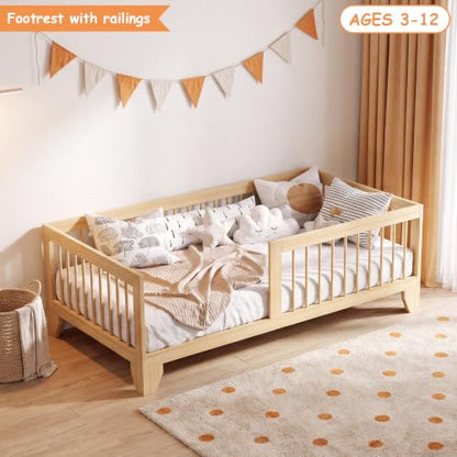 Twin Montessori Floor Bed for Kids with Removable Rails - Burlywood