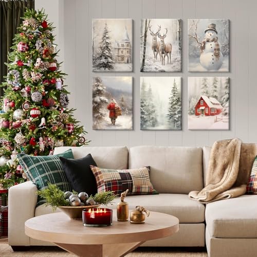Snowman Wall Art Canvas Prints - Winter Holiday Home Decor - 8x10 Inches - Set of 6