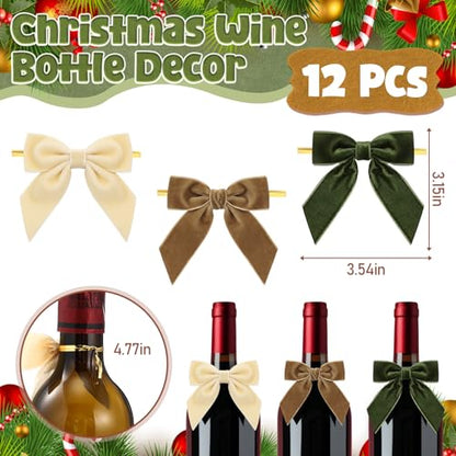 Christmas Bow Wine Bottle Cover Set - 12 Pcs Xmas Party Decor, Velvet Bow Variation