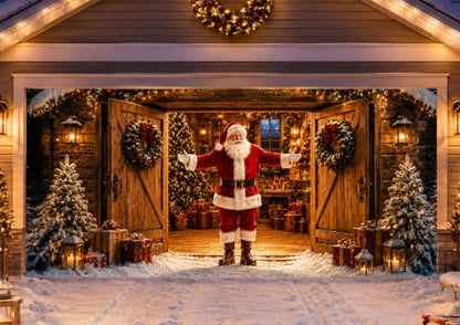 Christmas Garage Door Cover Decorations Santa Welcomes You Home Banner - 16x7 ft, Outdoor Weather-Resistant Fabric, Complete Hanging Kit Included