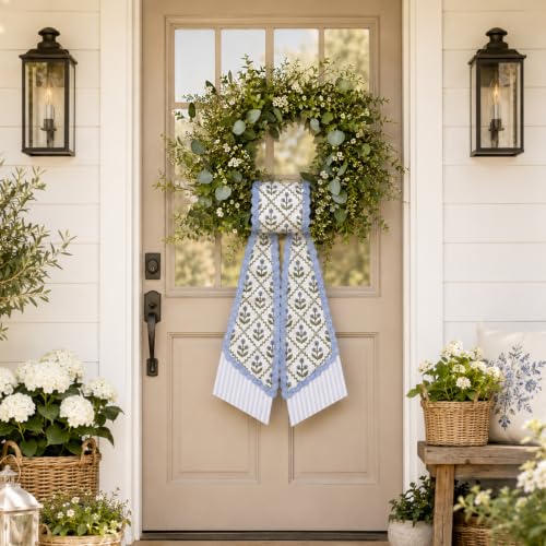 Layered Wreath Sash Set for Front Door Floral Stripe Decor - Summer Home Accent