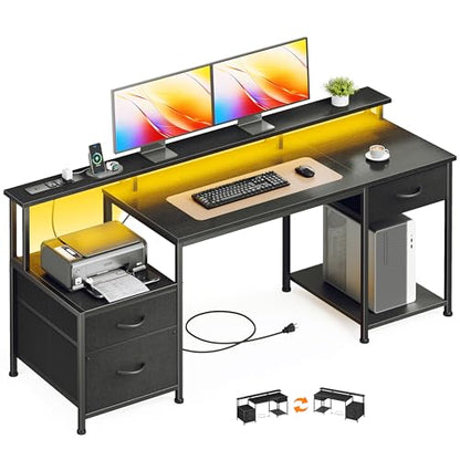 55 Inch Computer Desk with File Drawer and RGB LED Lights - Dark Black