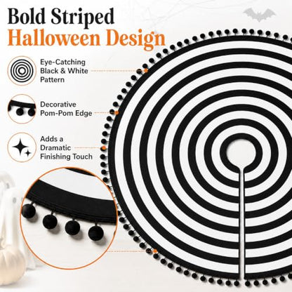 Black and White Christmas Tree Skirt 48 Inch with Pom Poms - Variation of Black and White / 48 Inches