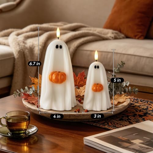 Halloween Ghost Flameless Candles with Pumpkin, Remote Control, Real Wax, Battery Operated Decor