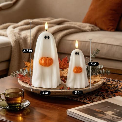 Halloween Ghost Flameless Candles with Pumpkin, Remote Control, Real Wax, Battery Operated Decor