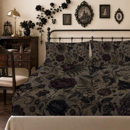 Dark Floral Fitted Sheet Set King Size - Ancient Paper Poison Flower Variation