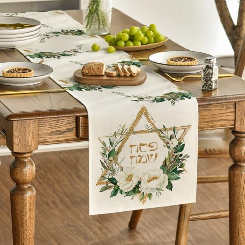 Hexagram Flowers Passover Table Runner - 13 x 60 Inch Beige Seasonal Decor