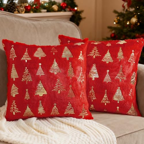 Red Christmas Tree Throw Pillow Covers 24x24 Inch Set of 2 Decor Cushion Cases for Holiday Home Decor