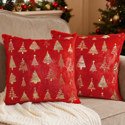 Red Christmas Tree Throw Pillow Covers 24x24 Inch Set of 2 Decor Cushion Cases for Holiday Home Decor