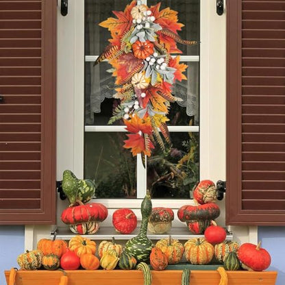 Pre-Lit Fall Teardrop Swag Wreath for Front Door - Autumn Halloween Decor