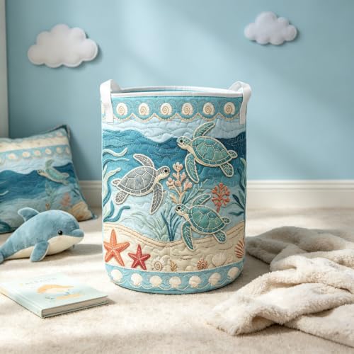 Sea Turtle Quilted Laundry Hamper Collapsible Storage Basket - M