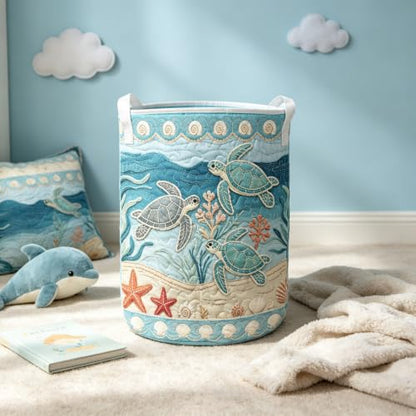 Sea Turtle Quilted Laundry Hamper Collapsible Storage Basket - M