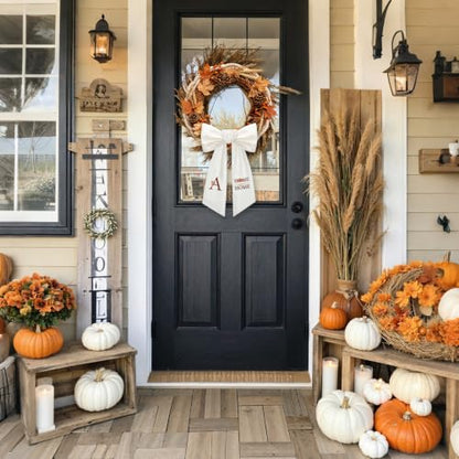 Fall Wreath Sash for Front Door Monogrammed Pumpkin Ribbon Embroidery - B Variation
