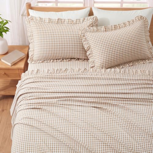 Taupe Gingham Ruffle Queen Bed Sheet Set - Microfiber Plaid Bedding