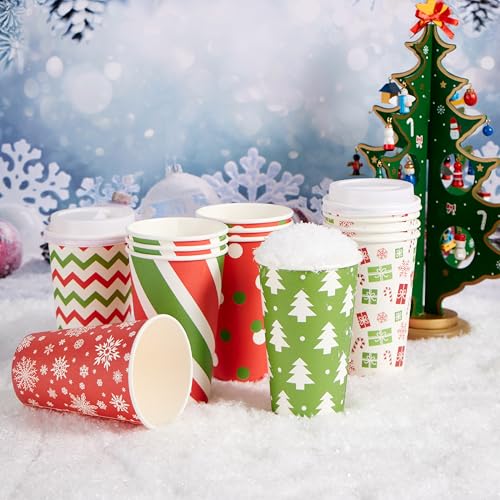 Retro Christmas Disposable Cups Set with Lids & Sleeves - 48 Pack, 16 oz Holiday Drinkware