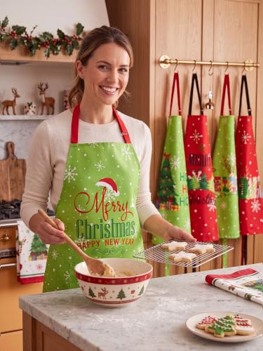 Christmas Aprons Set - Snowy Red with Pockets, 6 Pack