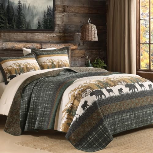King Cotton Quilt Set with Deer and Bear Wildlife Design - Reversible, Rustic Lodge Bedding - Green/Brown/Beige, 98x106 inches