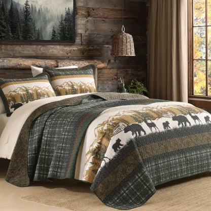 King Cotton Quilt Set with Deer and Bear Wildlife Design - Reversible, Rustic Lodge Bedding - Green/Brown/Beige, 98x106 inches