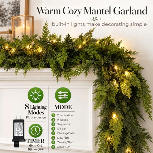 9FT Pre-Lit Christmas Garland with Lights, Real-Touch Cedar Greenery, Large Branches - Indoor Outdoor Decor