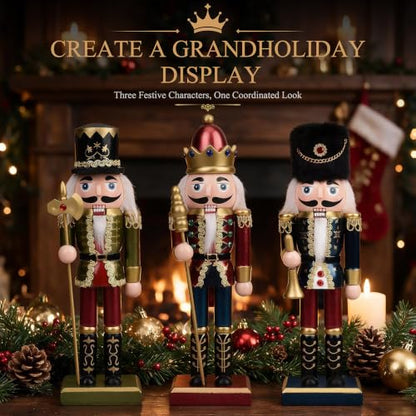 Christmas Wooden Nutcracker Set of 3 King & Soldiers Holiday Decor