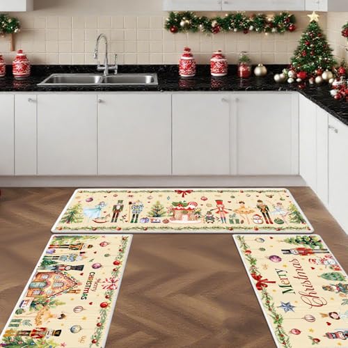 Winter Nutcracker Kitchen Rug Set of 3 - Christmas Holiday Floor Mats, Washable & Non-Slip