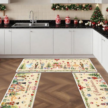 Winter Nutcracker Kitchen Rug Set of 3 - Christmas Holiday Floor Mats, Washable & Non-Slip