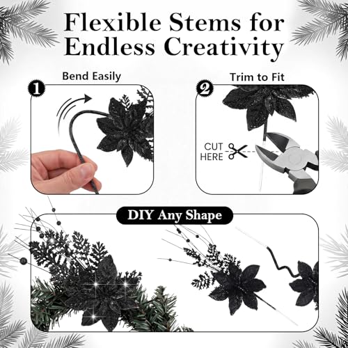 Black Glitter Artificial Poinsettia Picks - Christmas Decorations, 4 Pack