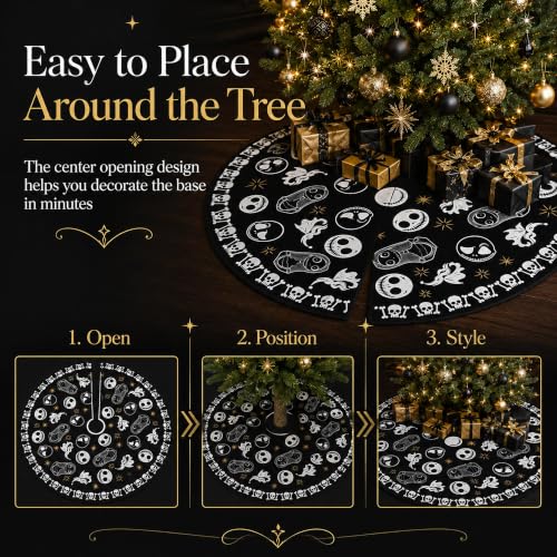 Gothic Christmas Tree Skirt 48 Inch Round Skull Face Black Holiday Decor