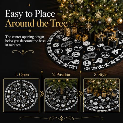 Gothic Christmas Tree Skirt 48 Inch Round Skull Face Black Holiday Decor