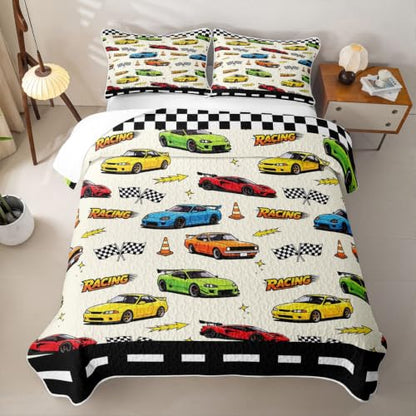 Racing 05 Twin Size Quilted Bedspread Set - Black White Checkered Coverlet with Pillow Sham