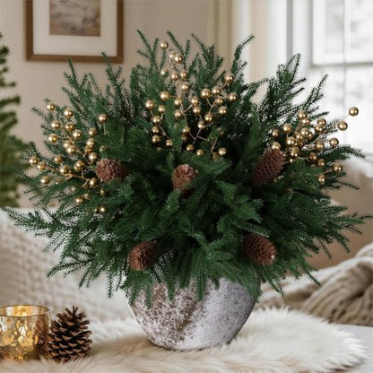 Fake Xmas Norfolk Pine Stems with Pinecones & Gold Berries - 12PCS